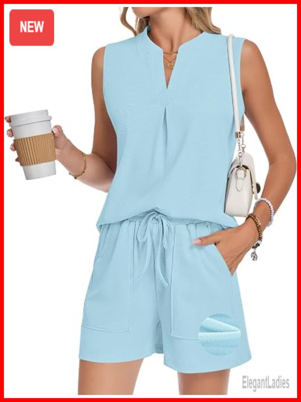 Waffle Knit V Neck Sleeveless Tank Top & Drawstring Shorts Set